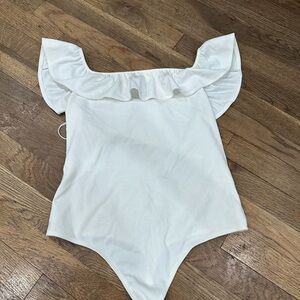 Express White Ruffle Off-Shoulder Bodysuit